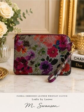 NEW Lodis Floral Embossed Leather RFID Wristlet Clutch Genuine Leather NWOT